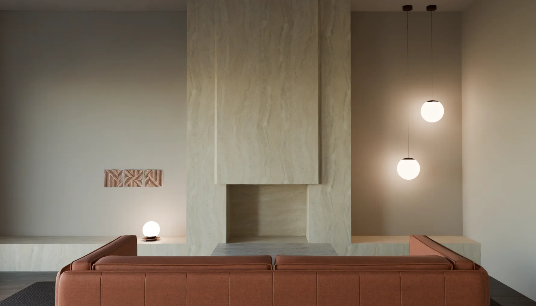 Conception salon — cheminée travertin avec canapé terracotta